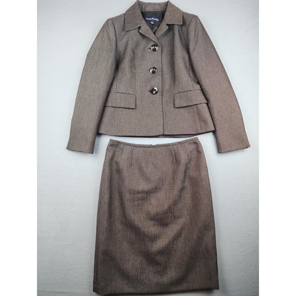 Evan Picone Skirt Suit Womens 4P Brown Check 2 Piece Blazer Career Workwear Set